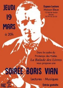[Printemps des Poètes] – Soirée Boris Vian / REPORTEE A UNE DATE ULTERIEURE @ La Maison Bleue / Point lecture | Rennes | Bretagne | France